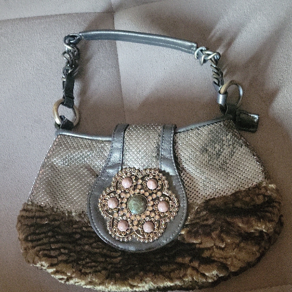 Vintage 80s Whiting & Davis Gold Mesh Faux Camel Fur Rhinestone Clutch Purse